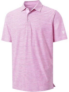 Men Rose White Dry Fit Striped Polo Shirt Short Sleeve Moisture Wicking